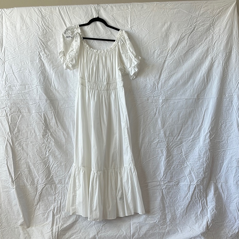 White Smocked Tiered Puff Sleeve Sundress with Eyelet detail